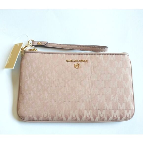 New! MICHAEL KORS MK Logo Jet Set Medium Top Zip Wristlet With Strap Color Fawn - Picture 3 of 4